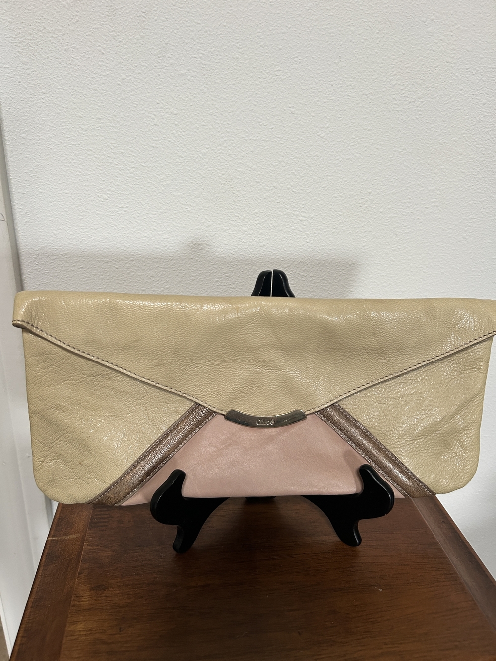 Chloe Two-Tone Leather Envelope Clutch in Beige & Blush